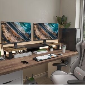 WESTREE Dual Monitor Stand Riser Wood Steel Monitor Stand Riser Rustic Brown